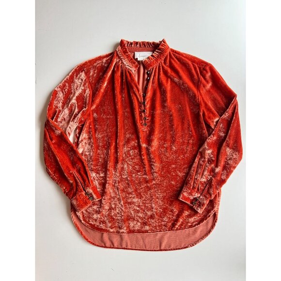 ANTHROPOLOGIE Kristianne Orange Velvet High Neck Ruffle Trim Blouse, Size XS - Picture 5 of 13